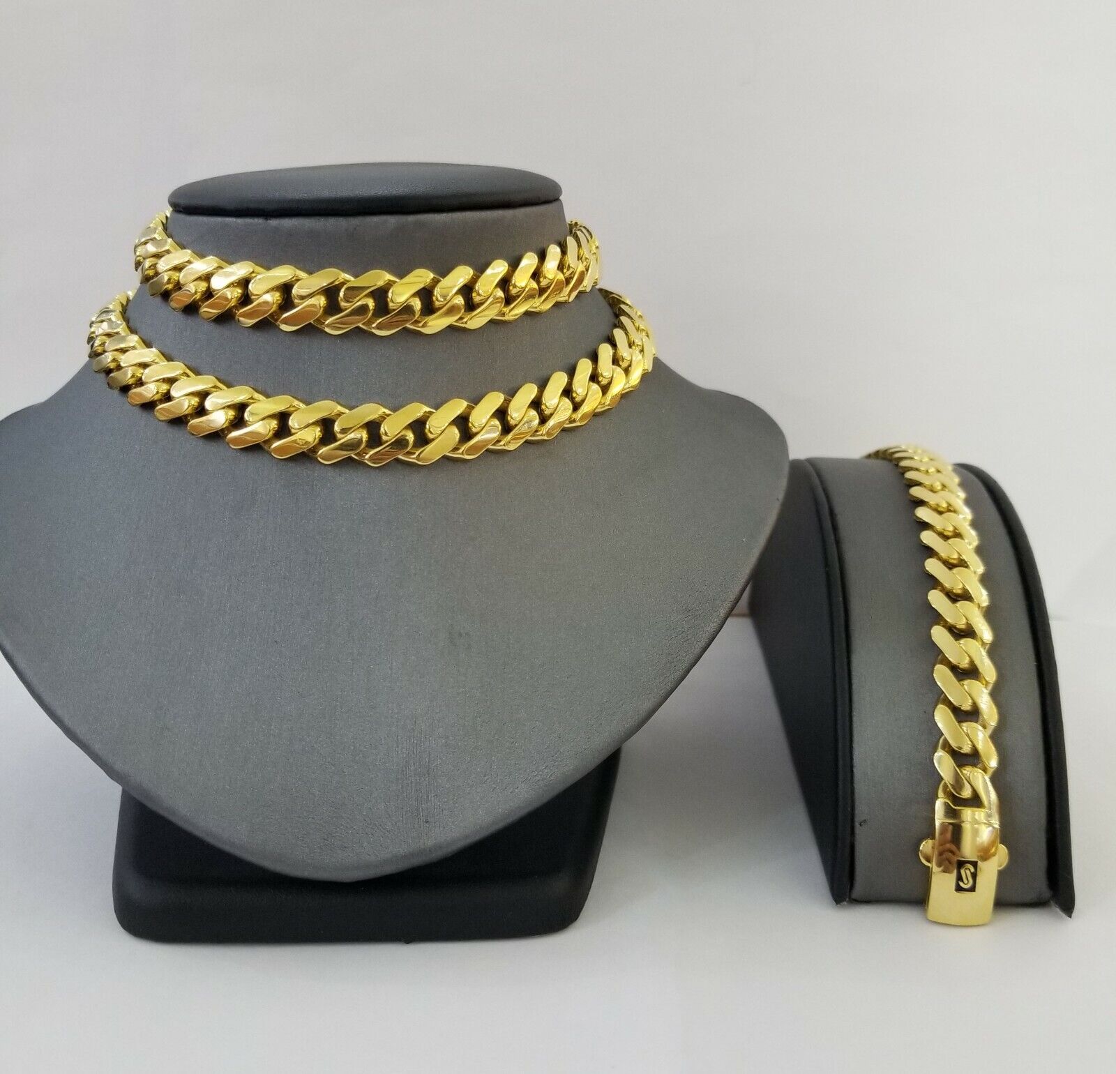 10k Gold Cuban Link Royal 11mm Monaco chain and Bracelet 10kt Real gold set - Reva Jeweler