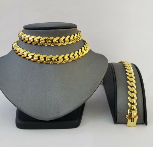 10k Gold Cuban Link Royal 11mm Monaco chain and Bracelet 10kt Real gold set - Reva Jeweler