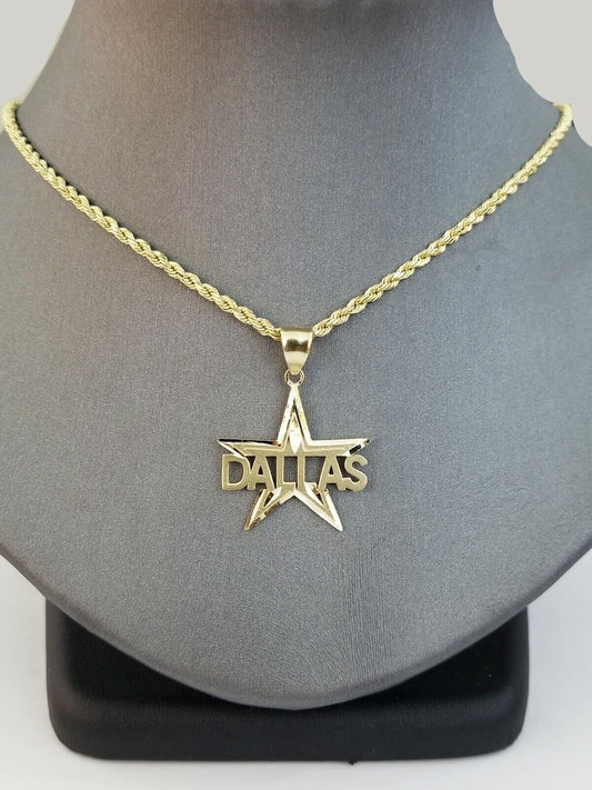 10k Gold Dallas Star Men Pendant 2.5mm Rope Chain in 18 20 22 24 26 28 Inch Real - Reva Jeweler