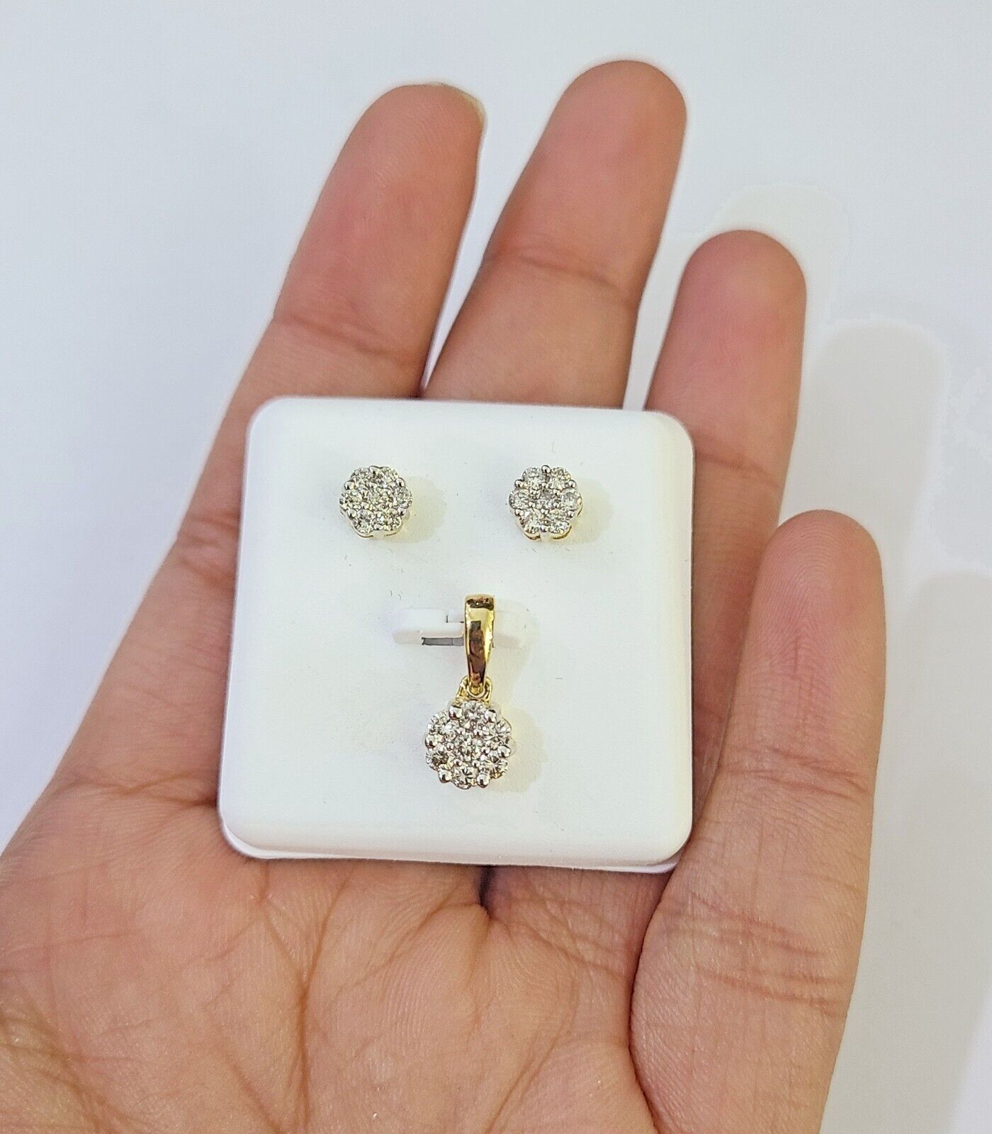10k Gold Diamond Flower Earrings pendant Box Chain SET 22" Inch 1mm For Ladies - Reva Jeweler