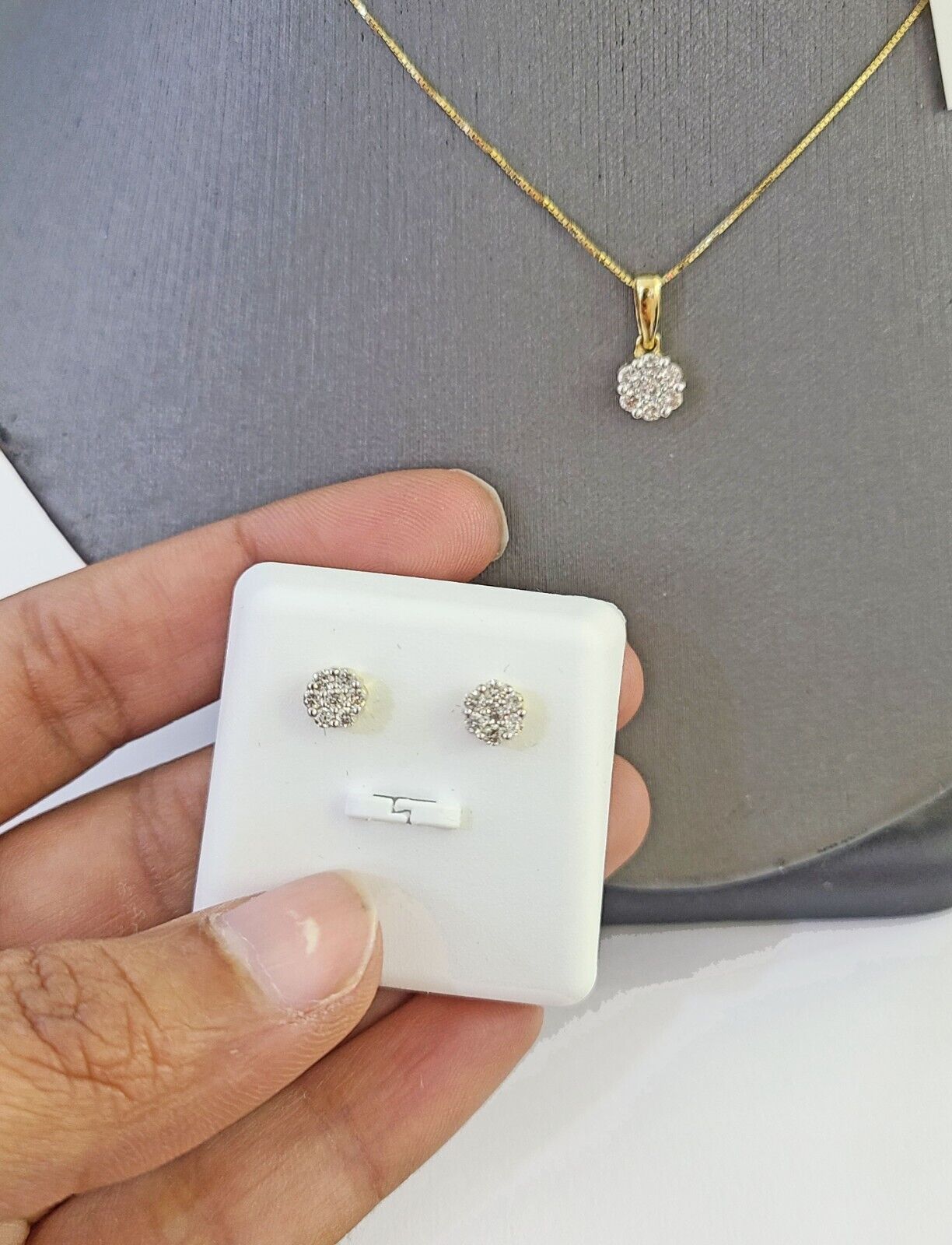 10k Gold Diamond Flower Earrings pendant Box Chain SET 22" Inch 1mm For Ladies - Reva Jeweler