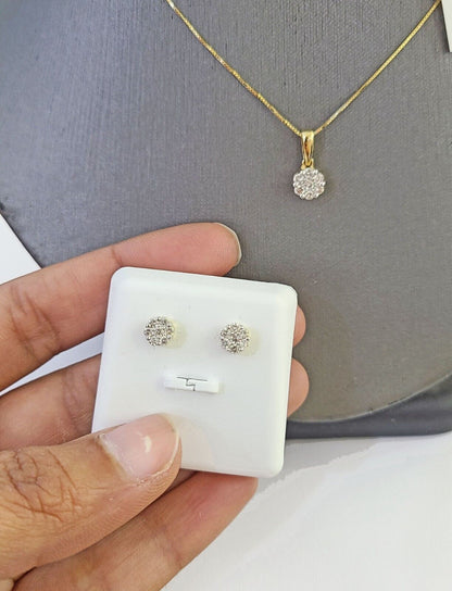 10k Gold Diamond Flower Earrings pendant Box Chain SET 22" Inch 1mm For Ladies - Reva Jeweler