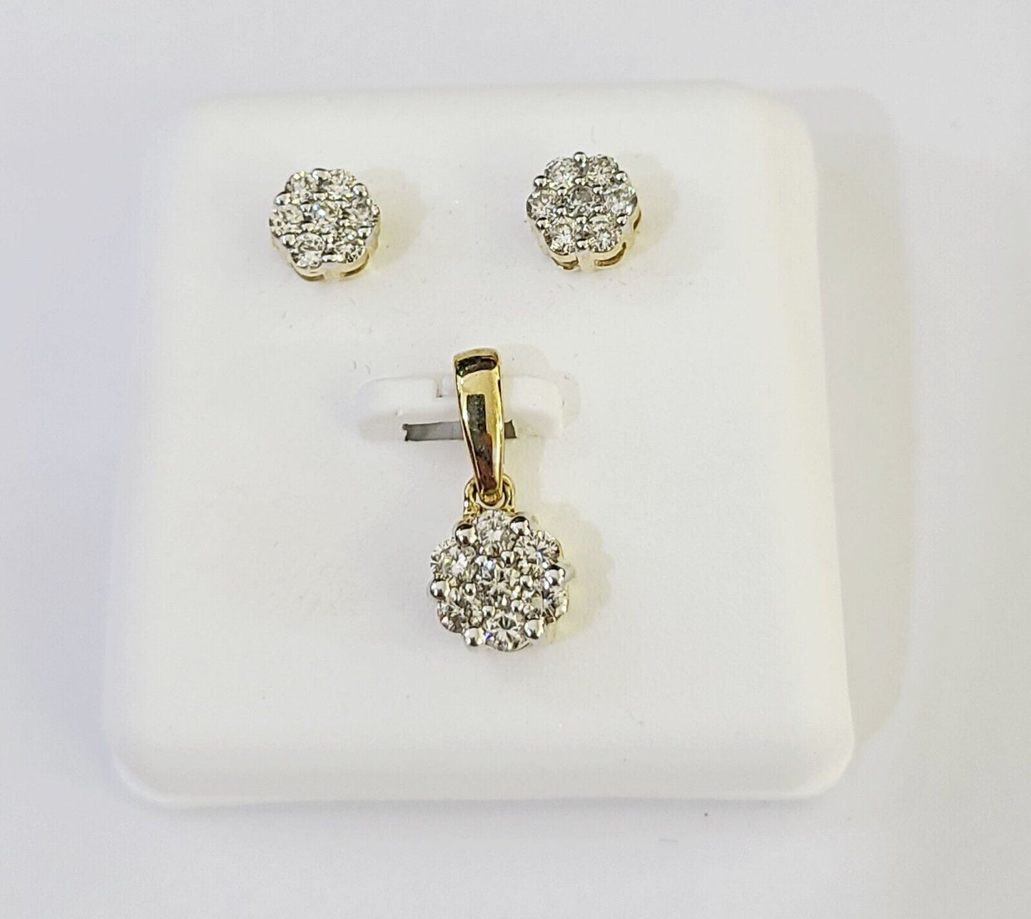10k Gold Diamond Flower Earrings pendant Box Chain SET 22" Inch 1mm For Ladies - Reva Jeweler