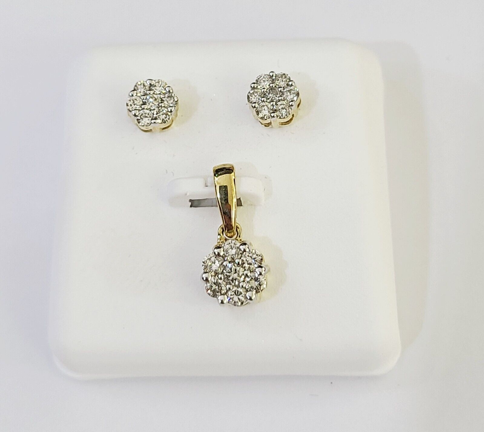 10k Gold Diamond Flower Earrings pendant Box Chain SET 22" Inch 1mm For Ladies - Reva Jeweler
