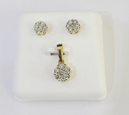 10k Gold Diamond Flower Earrings pendant Box Chain SET 22" Inch 1mm For Ladies - Reva Jeweler