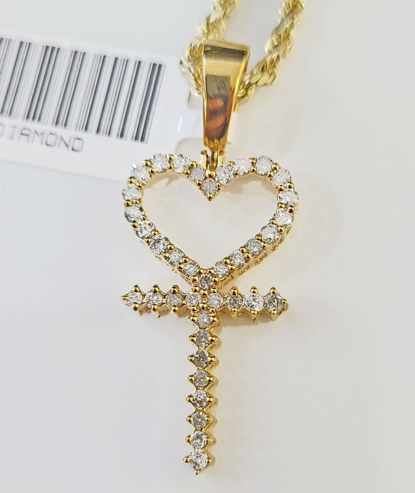 10k Gold Diamond Heart with Cross Pendent and 2.5mm 20 Inches Rope Chain - Reva Jeweler