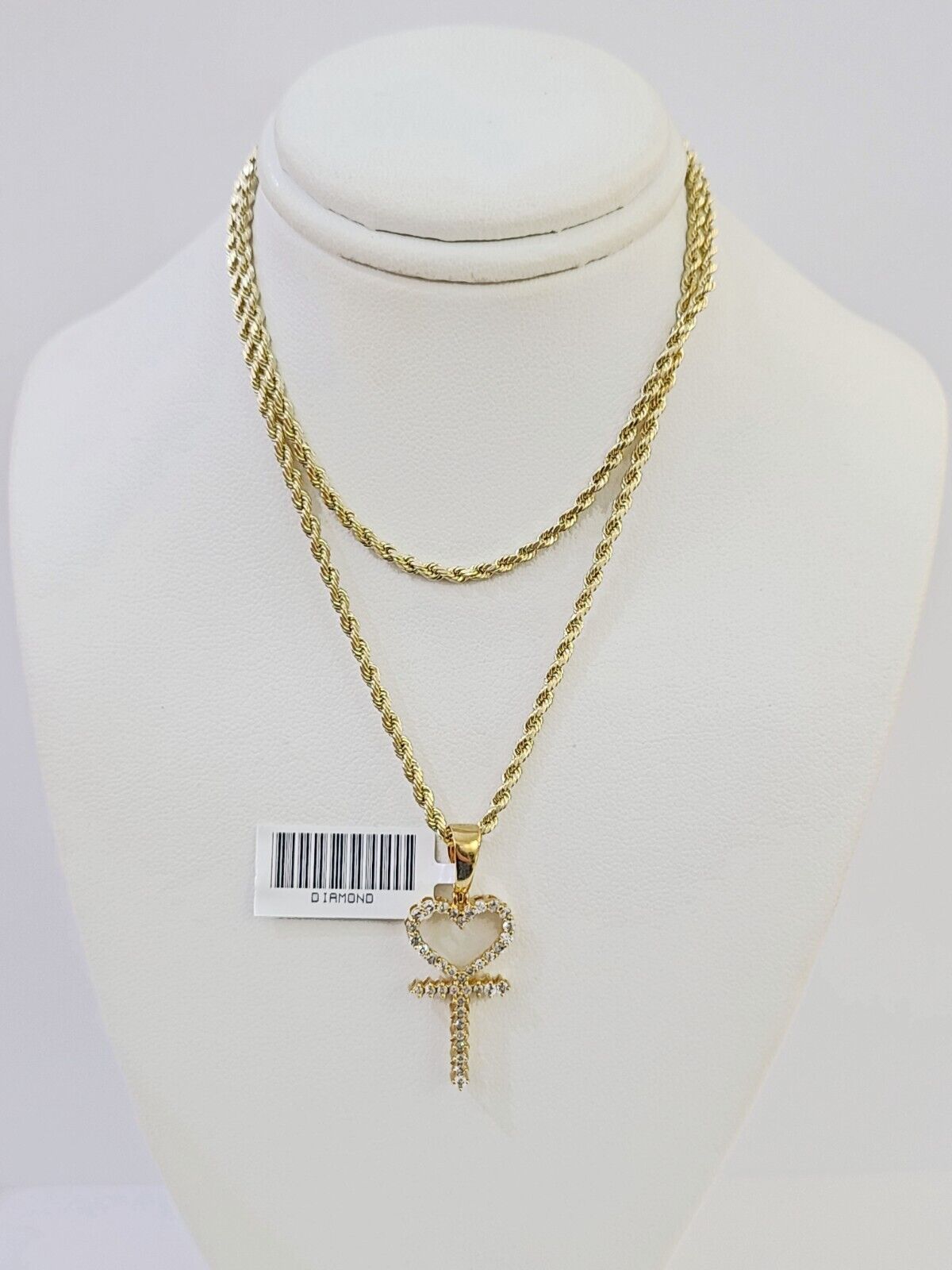 10k Gold Diamond Heart with Cross Pendent and 2.5mm 20 Inches Rope Chain - Reva Jeweler
