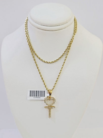 10k Gold Diamond Heart with Cross Pendent and 2.5mm 20 Inches Rope Chain - Reva Jeweler