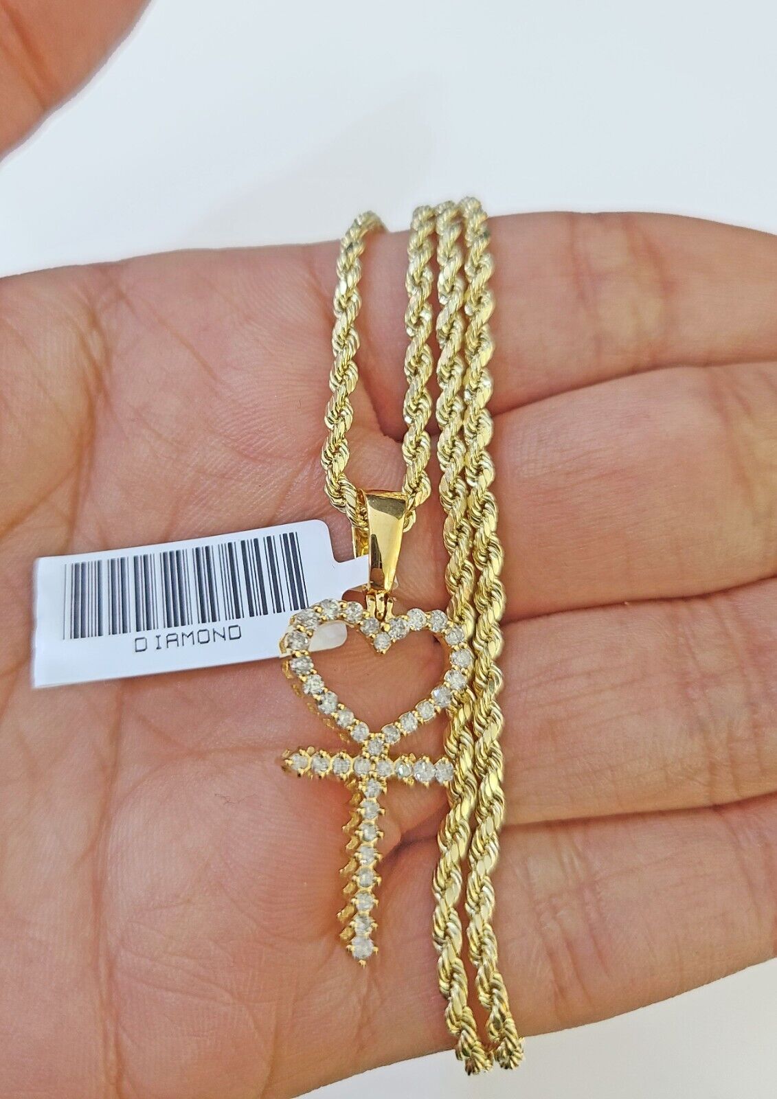 10k Gold Diamond Heart with Cross Pendent and 2.5mm 20 Inches Rope Chain - Reva Jeweler