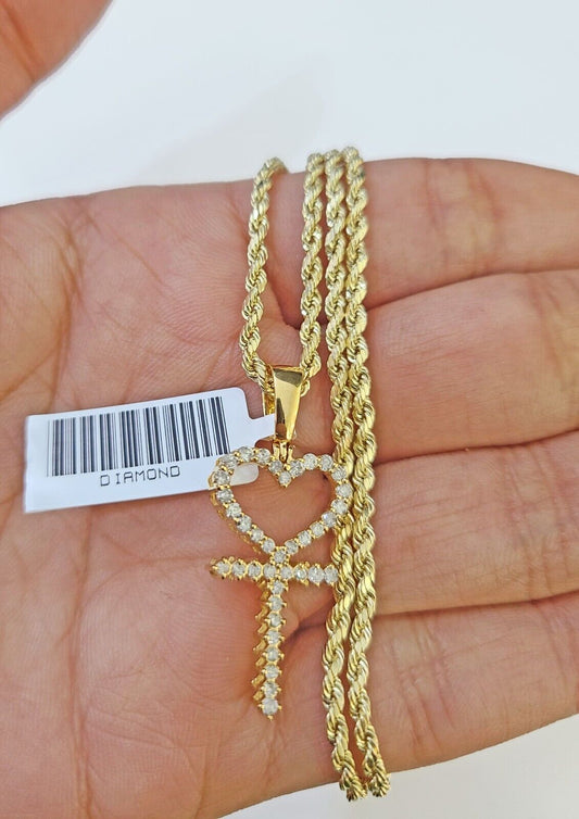10k Gold Diamond Heart with Cross Pendent and 2.5mm 20 Inches Rope Chain - Reva Jeweler
