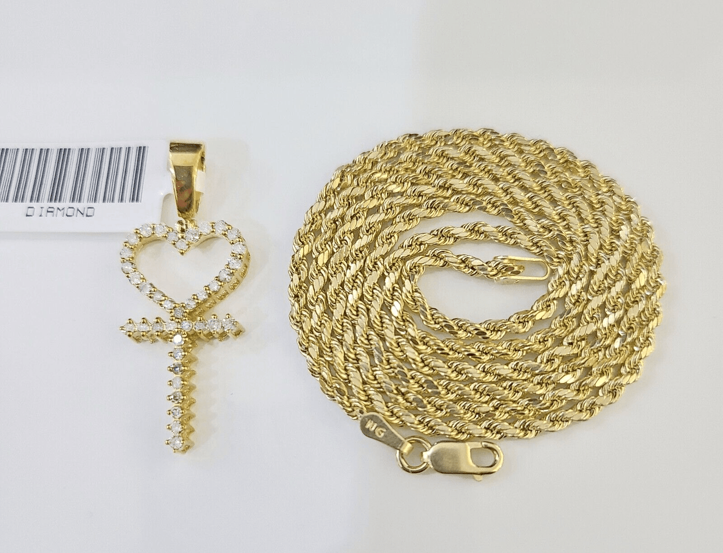10k Gold Diamond Heart with Cross Pendent and 2.5mm 20 Inches Rope Chain - Reva Jeweler