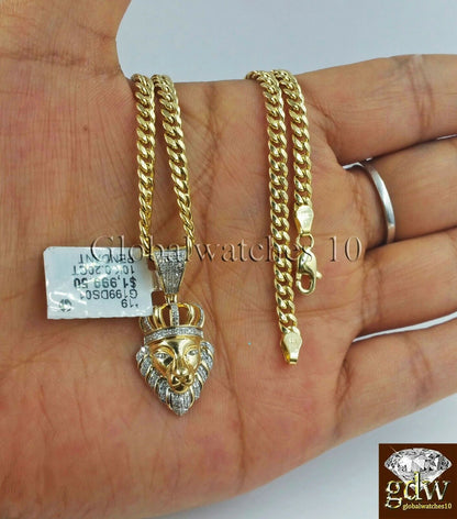 10k Gold & Diamond Lion's Head Charm with 26" Inch Miami Cuban Chain Men Real - Reva Jeweler