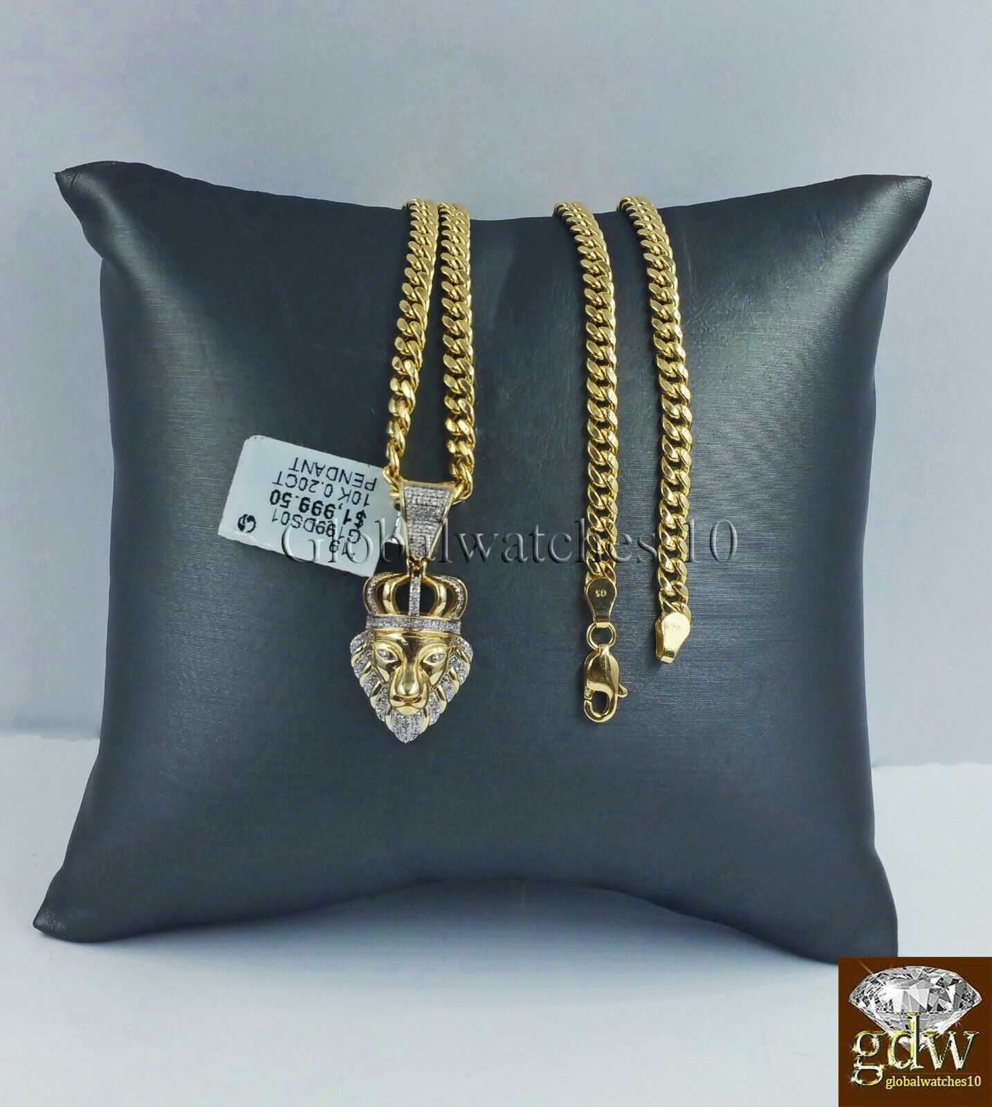 10k Gold & Diamond Lion's Head Charm with 26" Inch Miami Cuban Chain Men Real - Reva Jeweler
