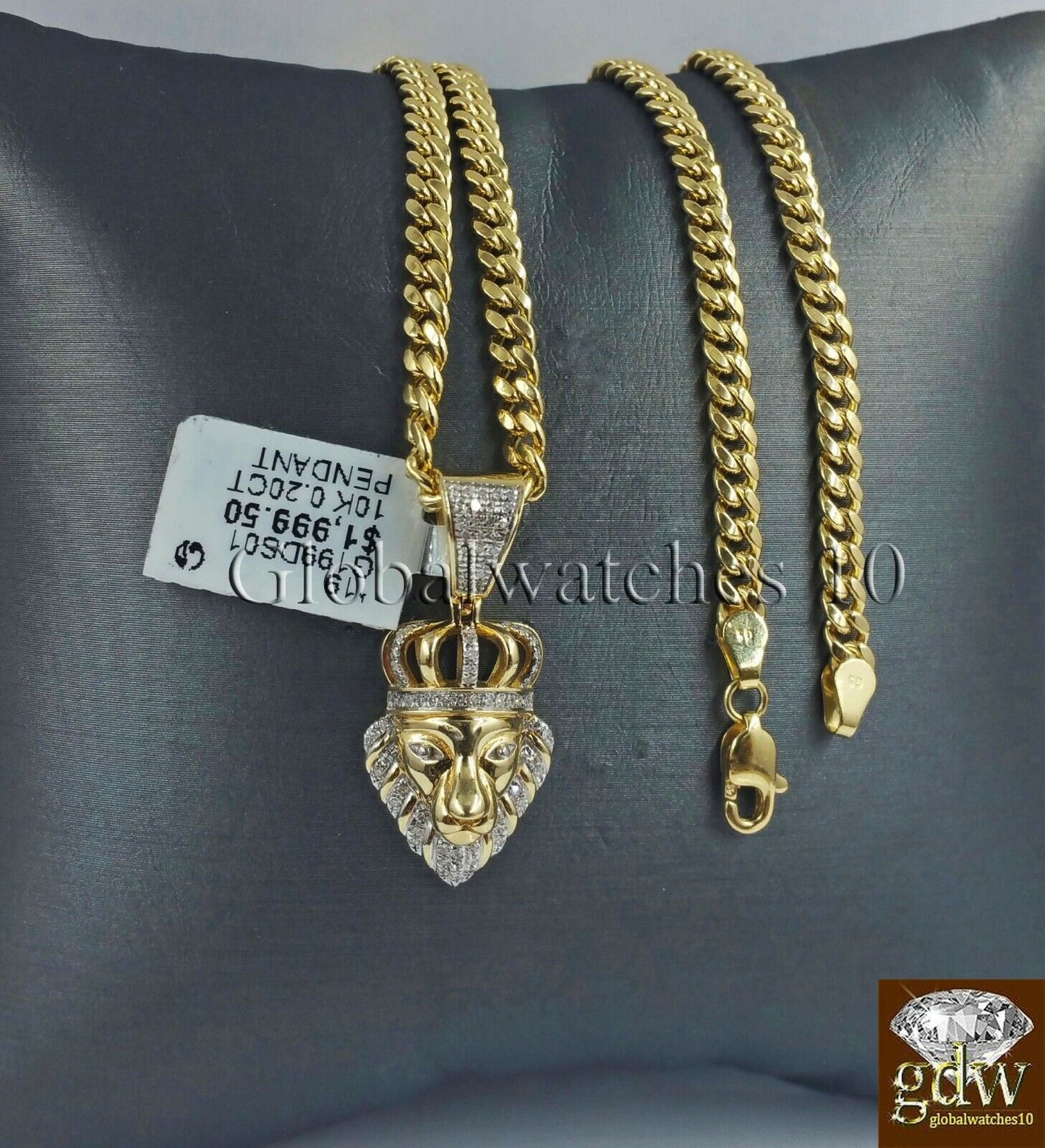 10k Gold & Diamond Lion's Head Charm with 26" Inch Miami Cuban Chain Men Real - Reva Jeweler