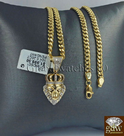 10k Gold & Diamond Lion's Head Charm with 26" Inch Miami Cuban Chain Men Real - Reva Jeweler