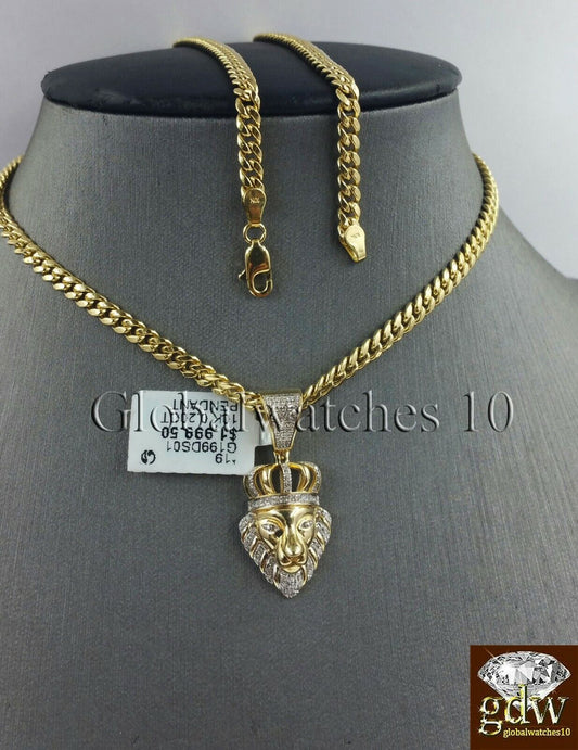 10k Gold & Diamond Lion's Head Charm with 26" Inch Miami Cuban Chain Men Real - Reva Jeweler