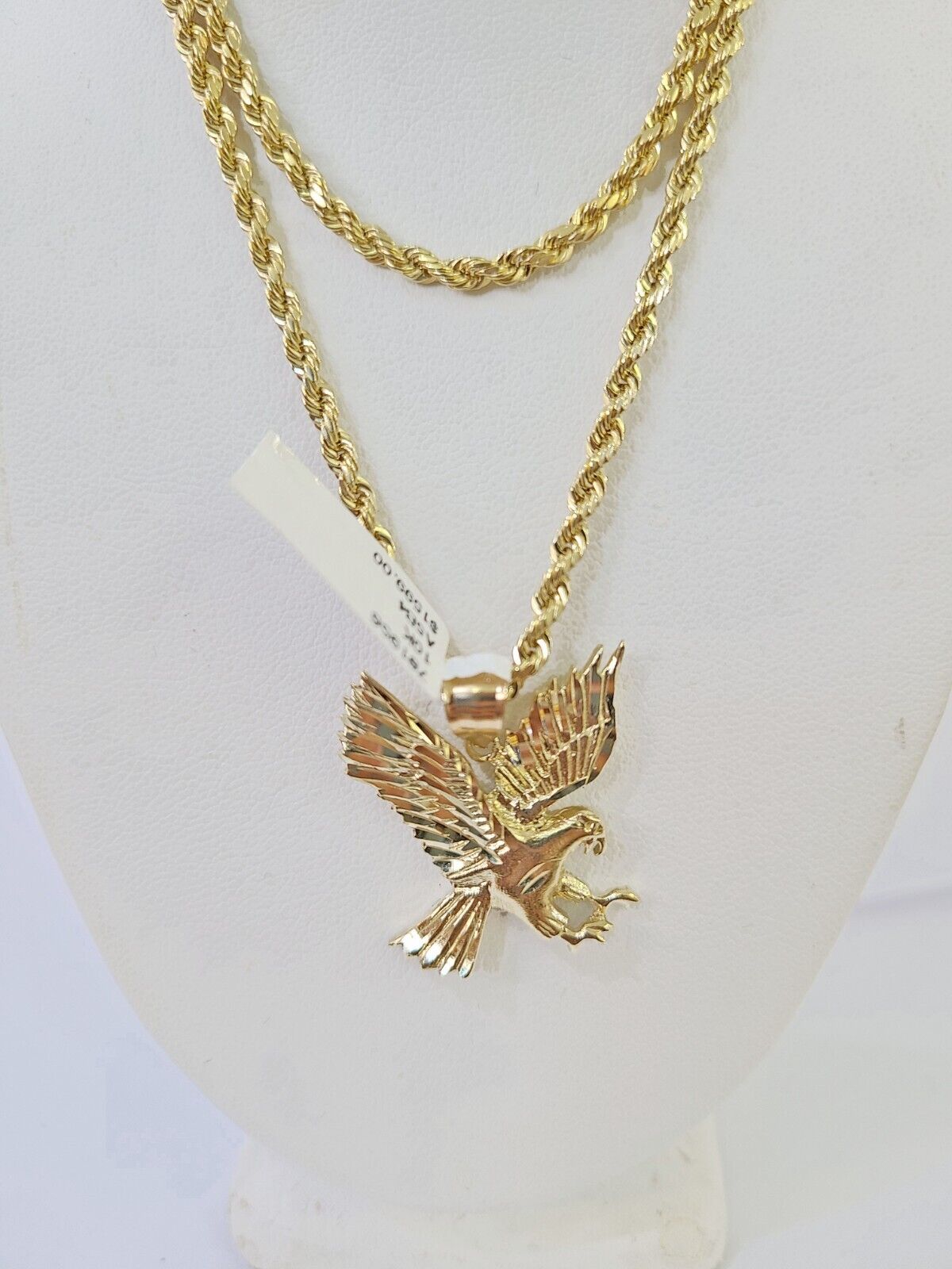 10k Gold Flying Eagle Pendant Rope Chain 3mm 18'' Necklace Set Real Genuine - Reva Jeweler
