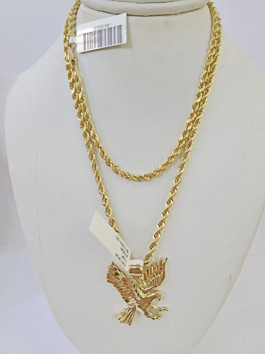 10k Gold Flying Eagle Pendant Rope Chain 3mm 20'' Necklace Set Real Genuine - Reva Jeweler