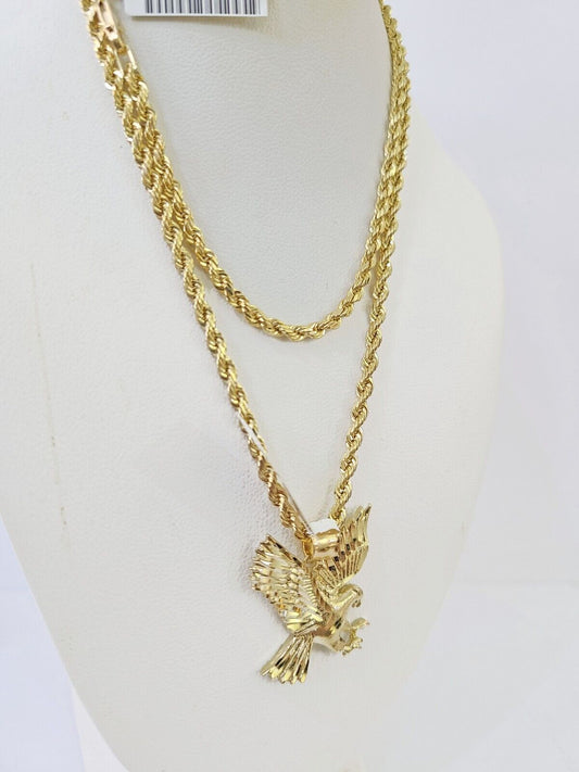 10k Gold Flying Eagle Pendant Rope Chain 3mm 20'' Necklace Set Real Genuine - Reva Jeweler