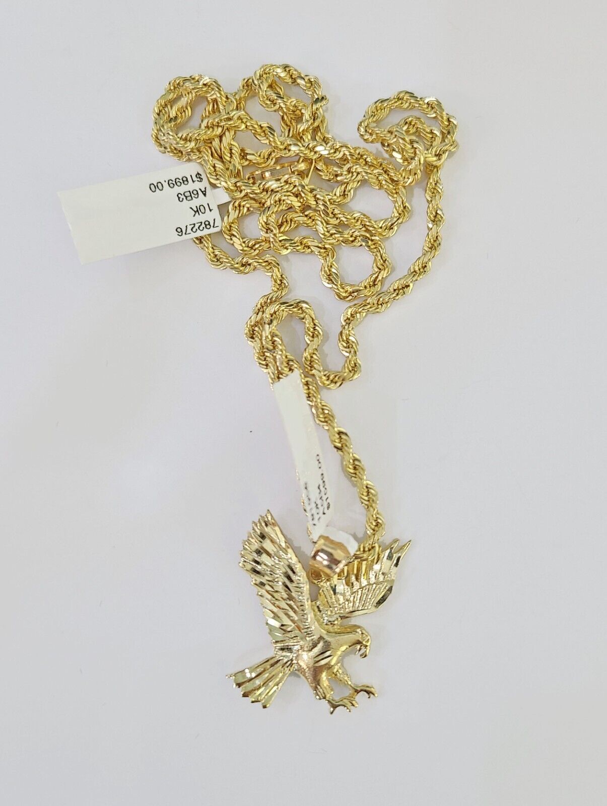 10k Gold Flying Eagle Pendant Rope Chain 3mm 20'' Necklace Set Real Genuine - Reva Jeweler