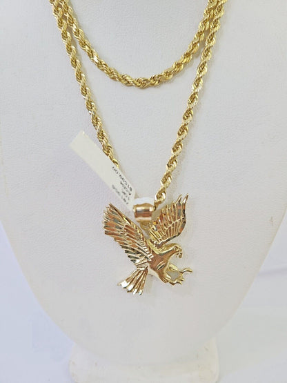 10k Gold Flying Eagle Pendant Rope Chain 3mm 22'' Necklace Set Real Genuine - Reva Jeweler