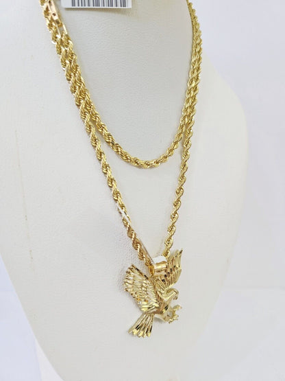 10k Gold Flying Eagle Pendant Rope Chain 3mm 24'' Necklace Set Real Genuine - Reva Jeweler