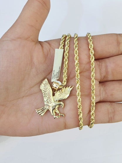 10k Gold Flying Eagle Pendant Rope Chain 3mm 24'' Necklace Set Real Genuine - Reva Jeweler