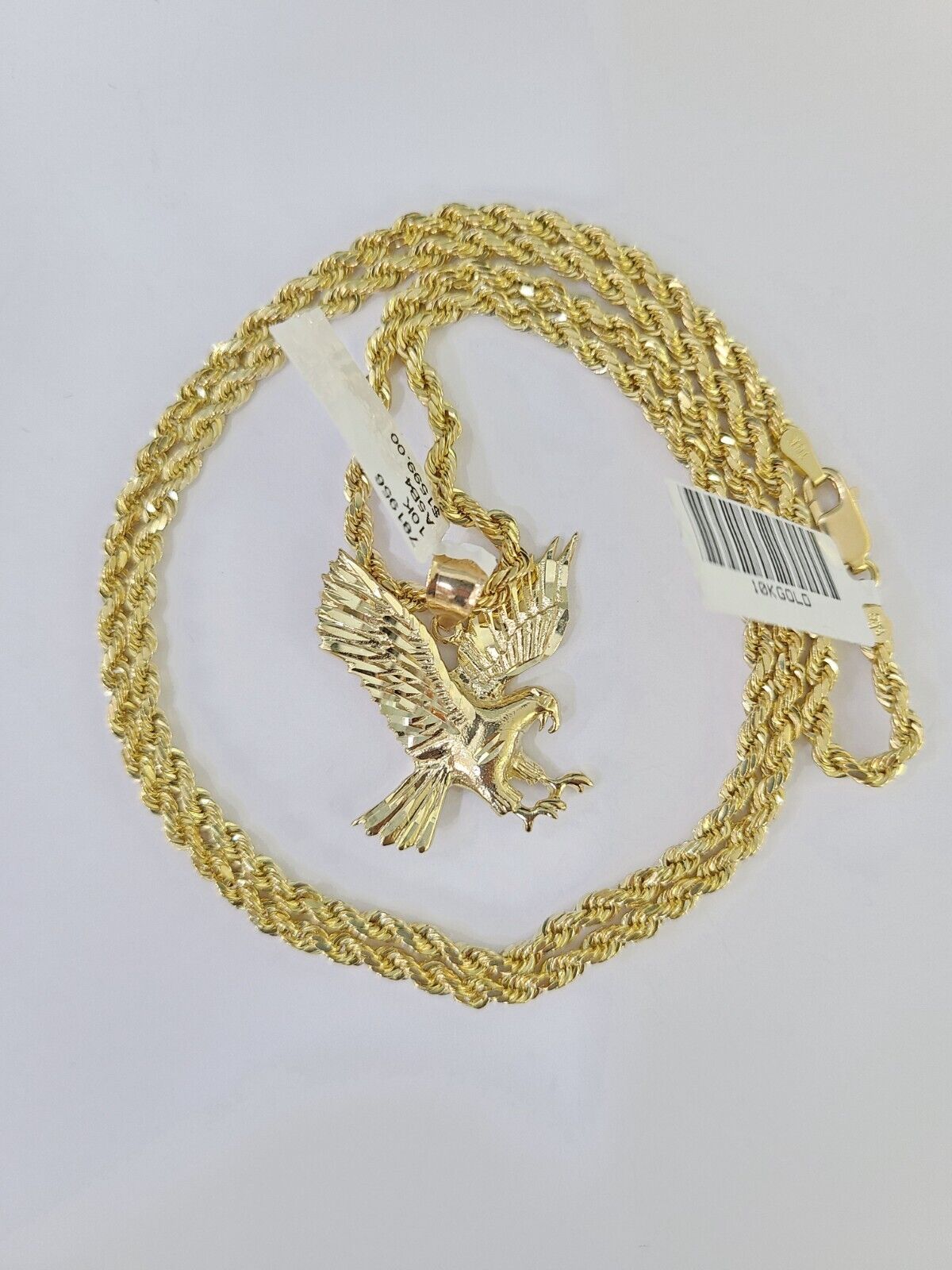 10k Gold Flying Eagle Pendant Rope Chain 3mm 24'' Necklace Set Real Genuine - Reva Jeweler