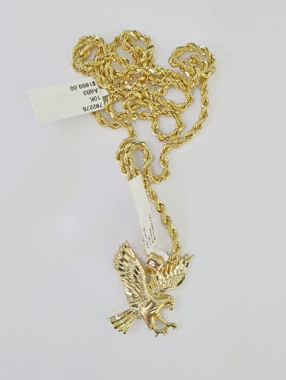 10k Gold Flying Eagle Pendant Rope Chain 3mm 24'' Necklace Set Real Genuine - Reva Jeweler