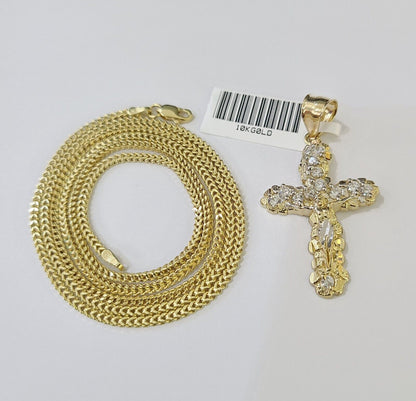 10K Gold Franco Chain 1.5mm Length 18" 20" 22" 24" 26" 28" 30" & Cross Charm - Reva Jeweler