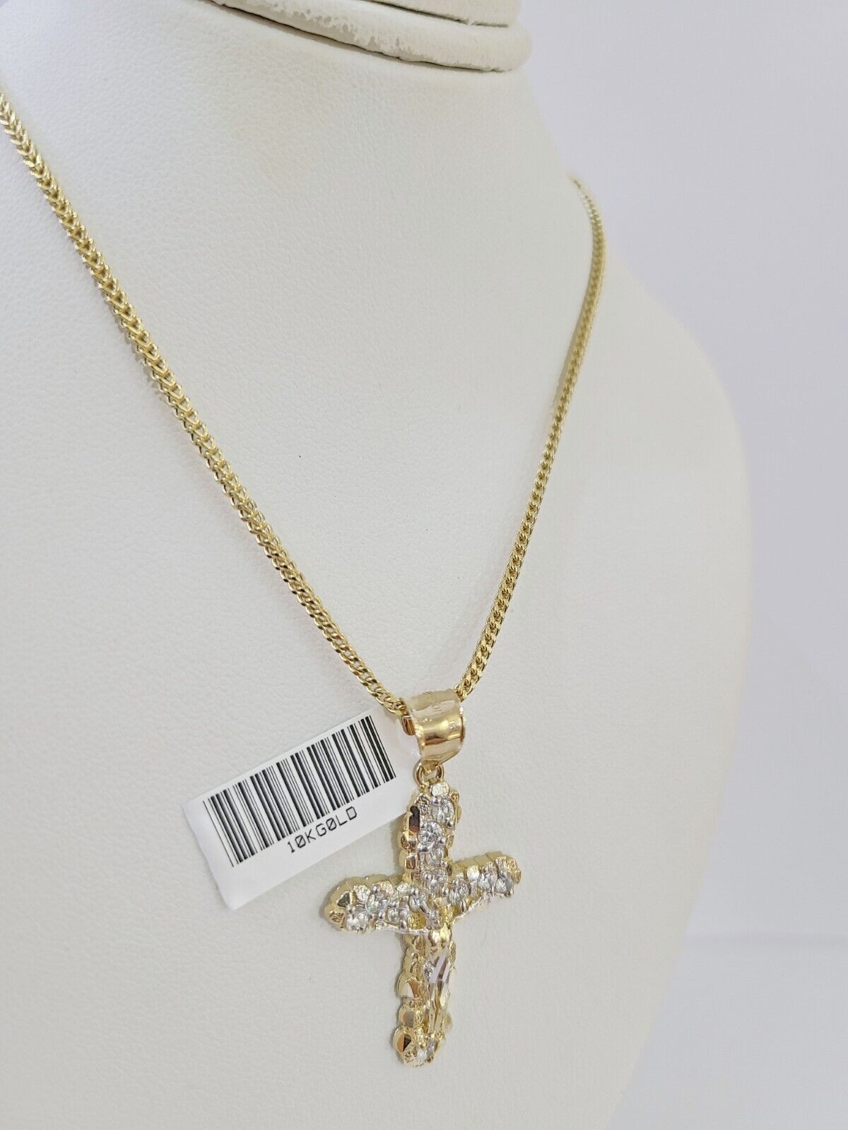 10K Gold Franco Chain 1.5mm Length 18" 20" 22" 24" 26" 28" 30" & Cross Charm - Reva Jeweler