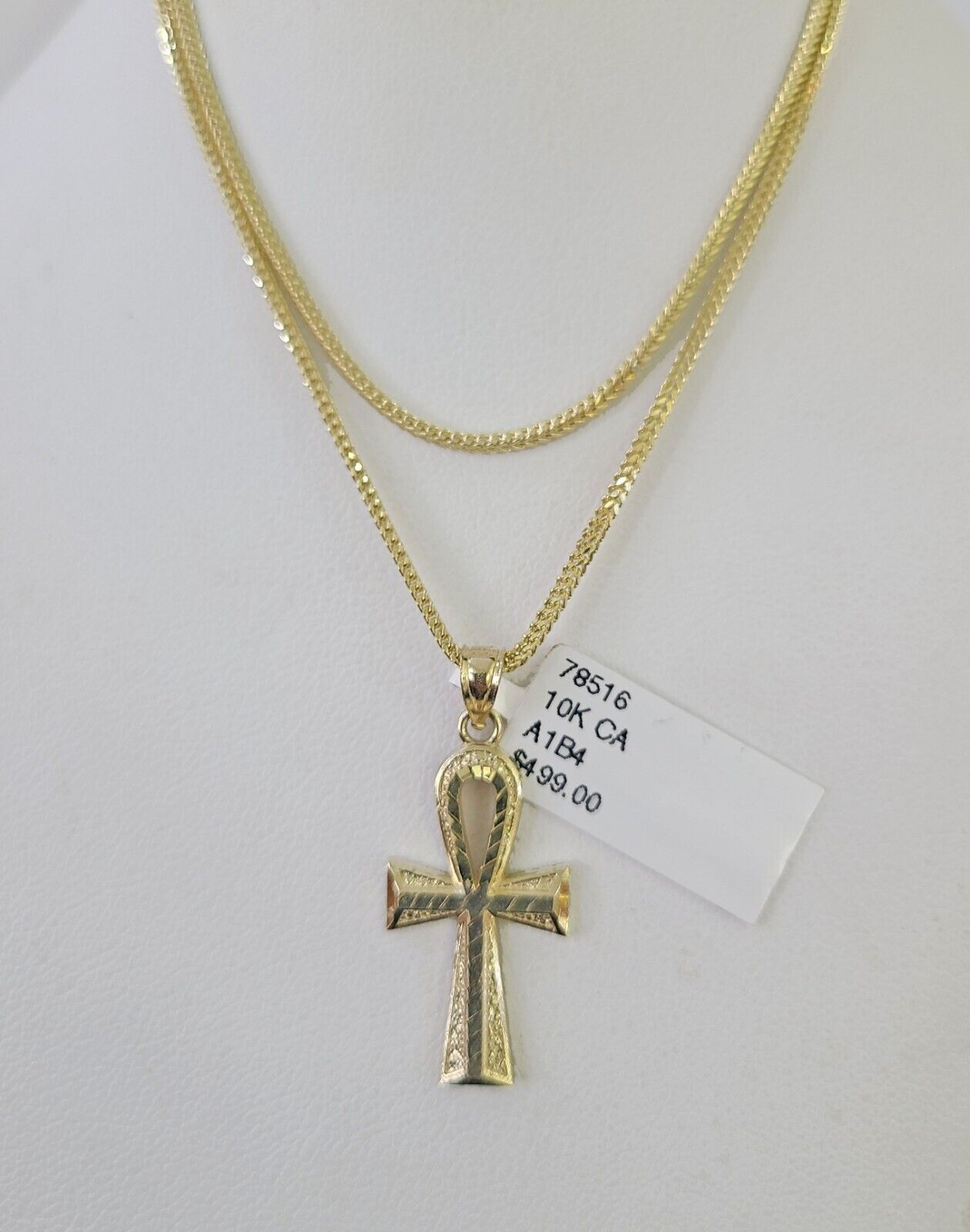 10K Gold Franco Chain Ankh Jesus Cross Charm SET 18 - 24 inches 1mm Necklace - GoldenlinQ