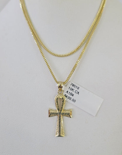 10K Gold Franco Chain Ankh Jesus Cross Charm SET 18 - 24 inches 1mm Necklace - GoldenlinQ