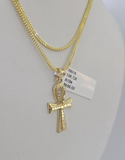 10K Gold Franco Chain Ankh Jesus Cross Charm SET 18 - 24 inches 1mm Necklace - GoldenlinQ