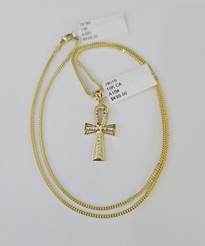 10K Gold Franco Chain Ankh Jesus Cross Charm SET 18 - 24 inches 1mm Necklace - GoldenlinQ