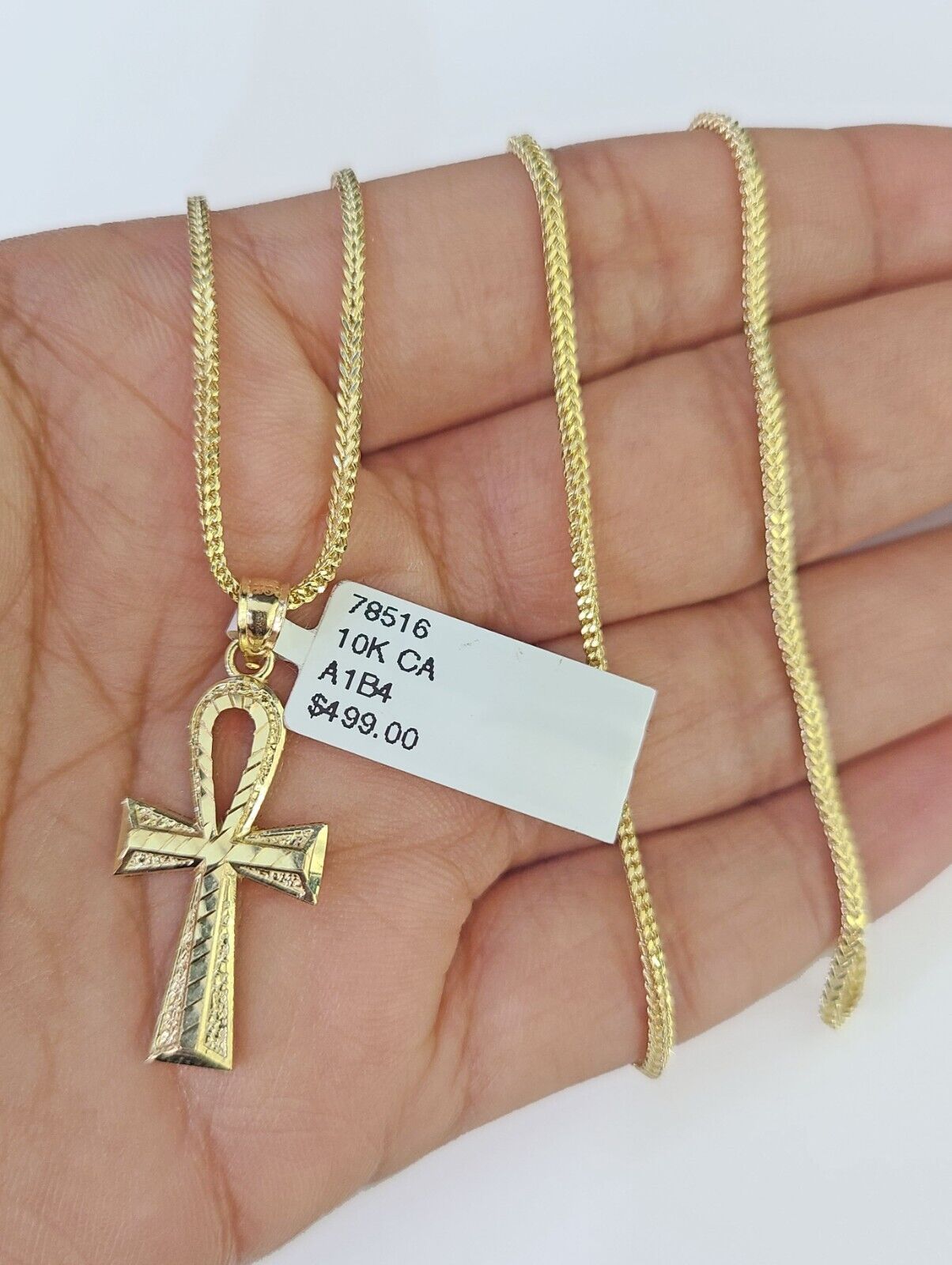 10K Gold Franco Chain Ankh Jesus Cross Charm SET 18 - 24 inches 1mm Necklace - GoldenlinQ