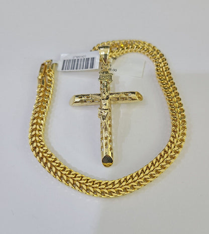 10K Gold Franco Chain INRI Cross Charm Length 18 - 26 inches 3mm REAL Yellow - GoldenlinQ