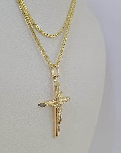 10K Gold Franco Chain INRI Cross Charm SET Length 16 - 20 inches 1mm Ladies Women - GoldenlinQ