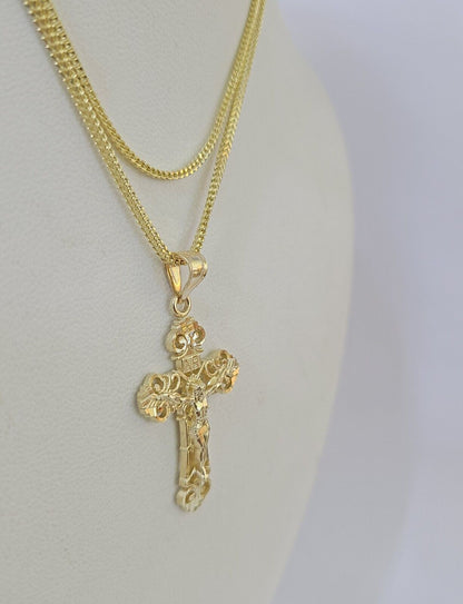 10K Gold Franco Chain INRI Cross Charm SET Length 16 - 20 inches 1mm Ladies Women - GoldenlinQ