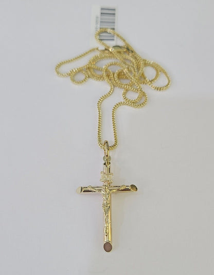 10K Gold Franco Chain INRI Cross Charm SET Length 16 - 20 inches 1mm Ladies Women - GoldenlinQ