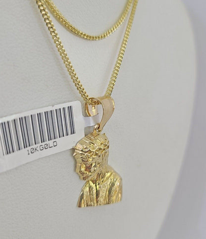10K Gold Franco Chain Jesus Head Charm SET 18 - 24 inches 1mm Necklace - GoldenlinQ