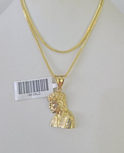 10K Gold Franco Chain Jesus Head Charm SET 18 - 24 inches 1mm Necklace - GoldenlinQ