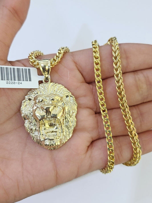10K Gold Franco Chain Lion Charm Length 18 - 26 inches 3mm REAL Yellow - GoldenlinQ