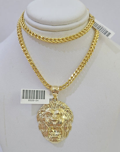 10K Gold Franco Chain Lion Charm Length 18 - 26 inches 3mm REAL Yellow - GoldenlinQ