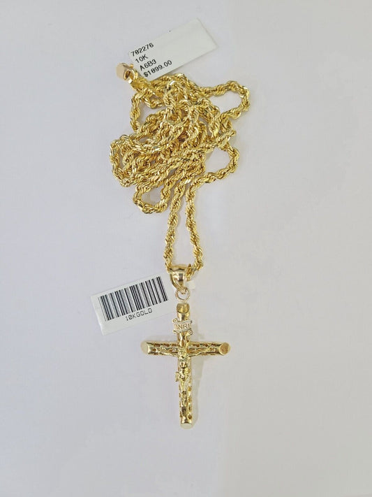 10k Gold INRI Jesus Pendant Rope Chain 3mm 18'' Necklace Set Real Genuine - Reva Jeweler