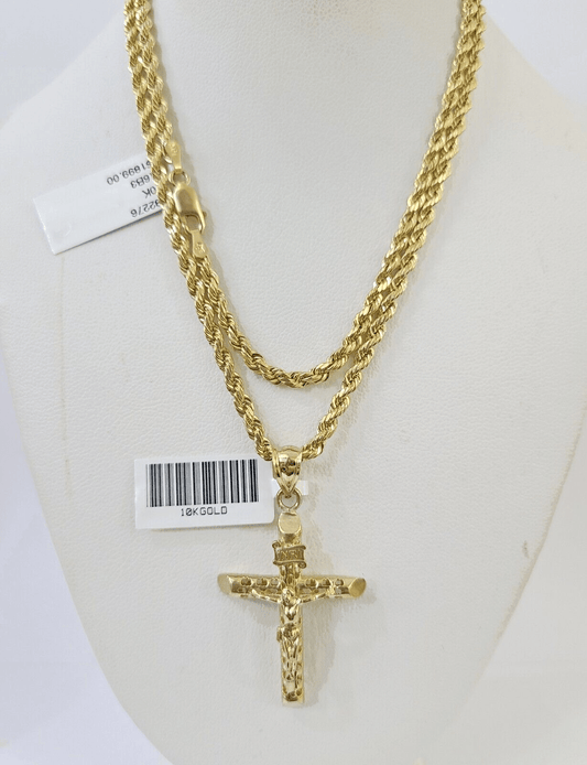 10k Gold INRI Jesus Pendant Rope Chain 3mm 20'' Necklace Set Real Genuine - Reva Jeweler