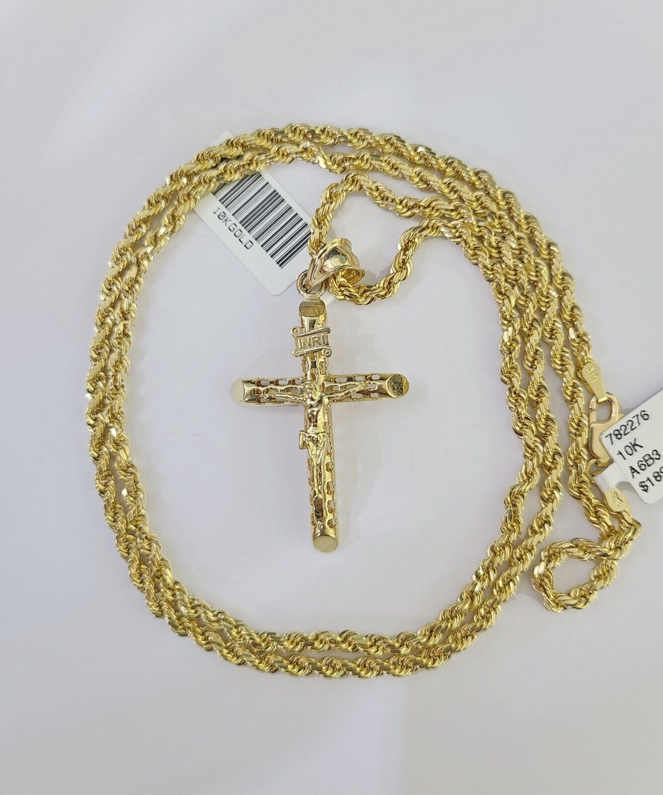 10k Gold INRI Jesus Pendant Rope Chain 3mm 24'' Necklace Set Real Genuine - Reva Jeweler