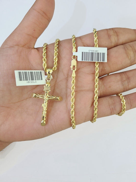 10k Gold INRI Jesus Pendant Rope Chain 3mm 24'' Necklace Set Real Genuine - Reva Jeweler