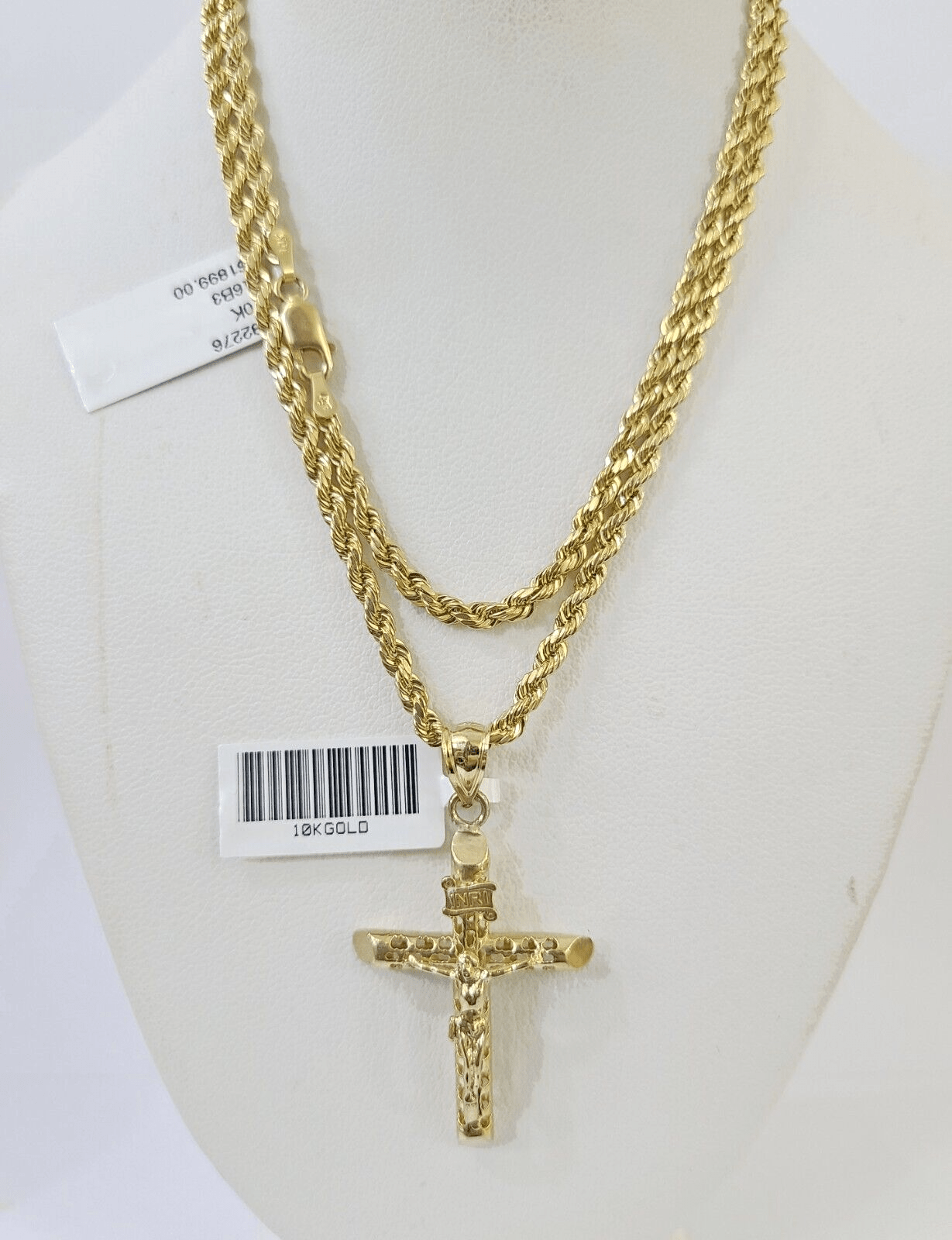 10k Gold INRI Jesus Pendant Rope Chain 3mm 24'' Necklace Set Real Genuine - Reva Jeweler