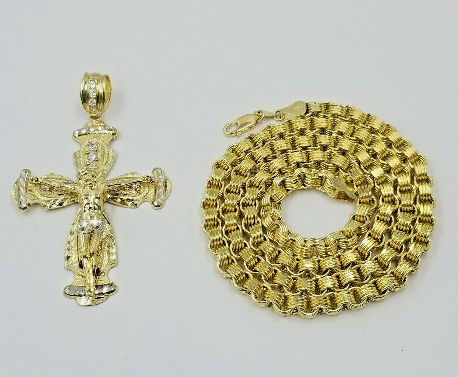 10k Gold Jesus Cross Charm Byzantine Chain 24" Necklace Real 10k Yellow Gold SET - Reva Jeweler